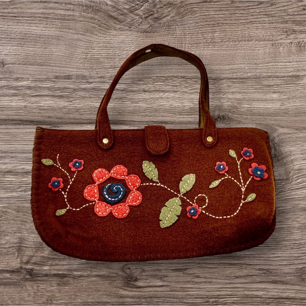 J. Jill Wool Felt Floral Embroidered Tote Bag Brown Felted Boho